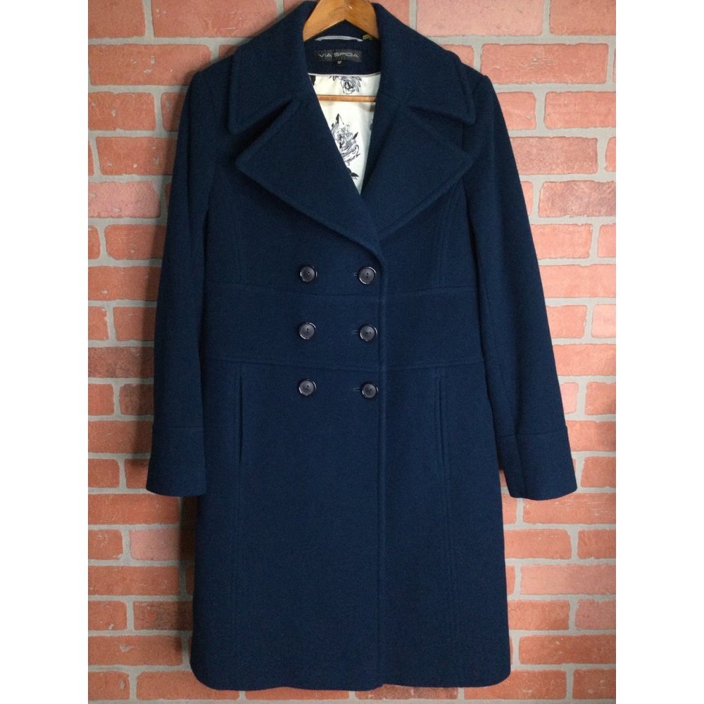 Via Spiga Double Breasted Long Wool Coat Pockets Notch Collar Vented Size 12